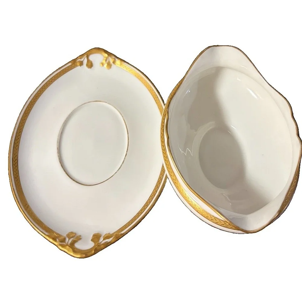 Antique Wm Guerin Limoges France Gravy Boat Underplate Raised Gold Floral